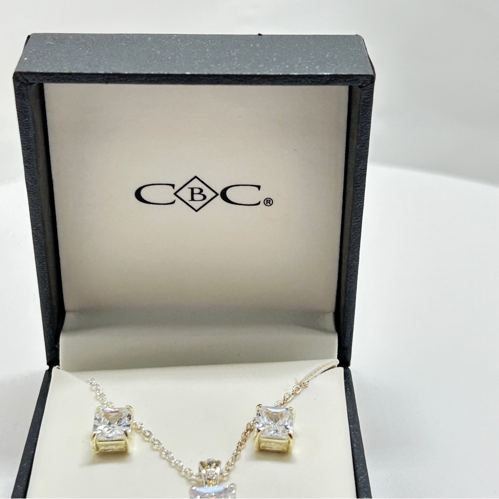 CBC, Silver Plate And Square Cut CZ Necklace And Stud Earring Set, NIB - Picture 3 of 8